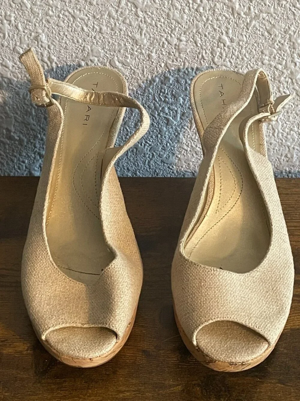 Tahari Woven Cork Wedges – Neutral Peep Toe – Size 9 (Light Wear)